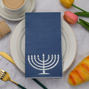 Blue Square Paper Napkins 330mmx400mm Gold Stamped Menorah Design For Holiday Parties And Events - Product Image 1