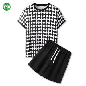 Su misura il vostro modello di estate set nero bianco a scacchi mens a due pezzi della camicia e pantaloncini unisex graphic magliette
