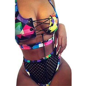 FYA280 Custom Logo Bandage Bikini Floral Printed Mesh Woman Sexy Bathing Suits 2020