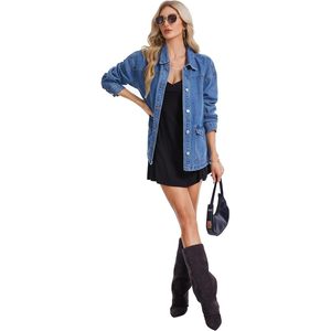 Veste en jean surdimensionnée personnalisée pour femme, coupe ample en H, col rabattu, coupe-vent en coton - Product Image 3