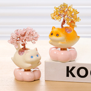 Cute Cat <b>Crystal</b> Money <b>Tree</b> Resin Ornament Pumpkin Shape Office Desk Decor Gift - Product Image 2