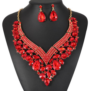 Nouveaux ensembles de bijoux de mariée, design tendance, entièrement sertis de strass, collier et boucles d'oreilles en pierres bleues champagne pour femmes, pour <span class=keywords><strong>mariage</strong></span>, banquet, fête - Product Image 4