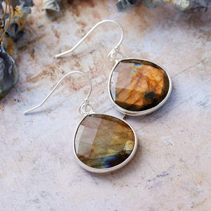 <strong>Chunky</strong> Natural Crystal Labradorite Moonstone Bold Teardrop Pendant Earrings <strong>Costume</strong> Designer Woman Jewelry with Brass Material - Product Image 2