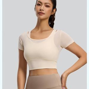 Women Mesh 2 In 1 Short Sleeve Yoga Crop Top with Built In Bra <b>Pads</b> Breathable Gym Workout Top <b>Running</b> Sports Fitness Shirt - Product Image 2