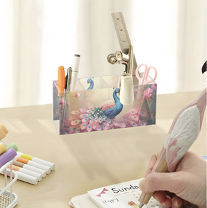 Organisateur de vanité en acrylique imprimé UV motif paon esthétique, support multifonctionnel pour pinceaux de maquillage et boîte de rangement de papeterie de bureau - Product Image 4