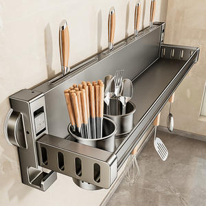 Étagère murale de rangement pour cuisine avec crochets et supports, installation sans perçage pour condiments et baguettes, design rectangulaire - Product Image 5