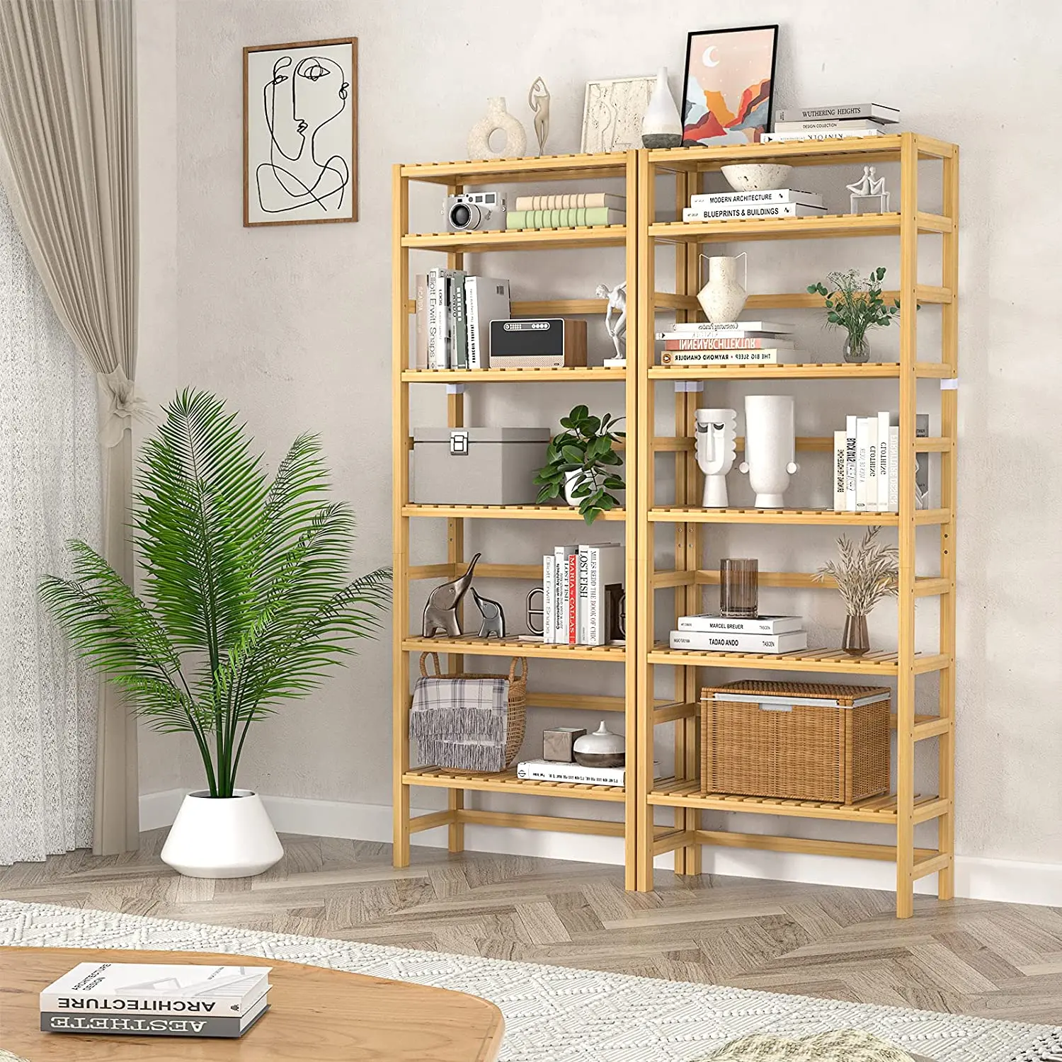 Tisanci — étagère à livres personnalisée en bambou, meuble de rangement sur pied, bibliothèque haut réglable, 6 niveaux