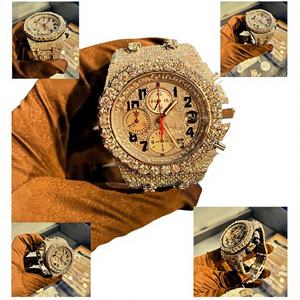 Montre pour homme en moissanite, verre entièrement serti de diamants, bracelet en acier inoxydable bicolore massif, mouvement à quartz, étanche 10 bars - Product Image 1