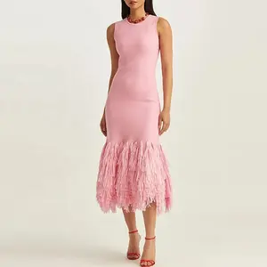 2023 Now Custom Casual Prom Evening Dresses Woman Lady Elegant Fringed Crepe Midi Sleeveless Dress For Women