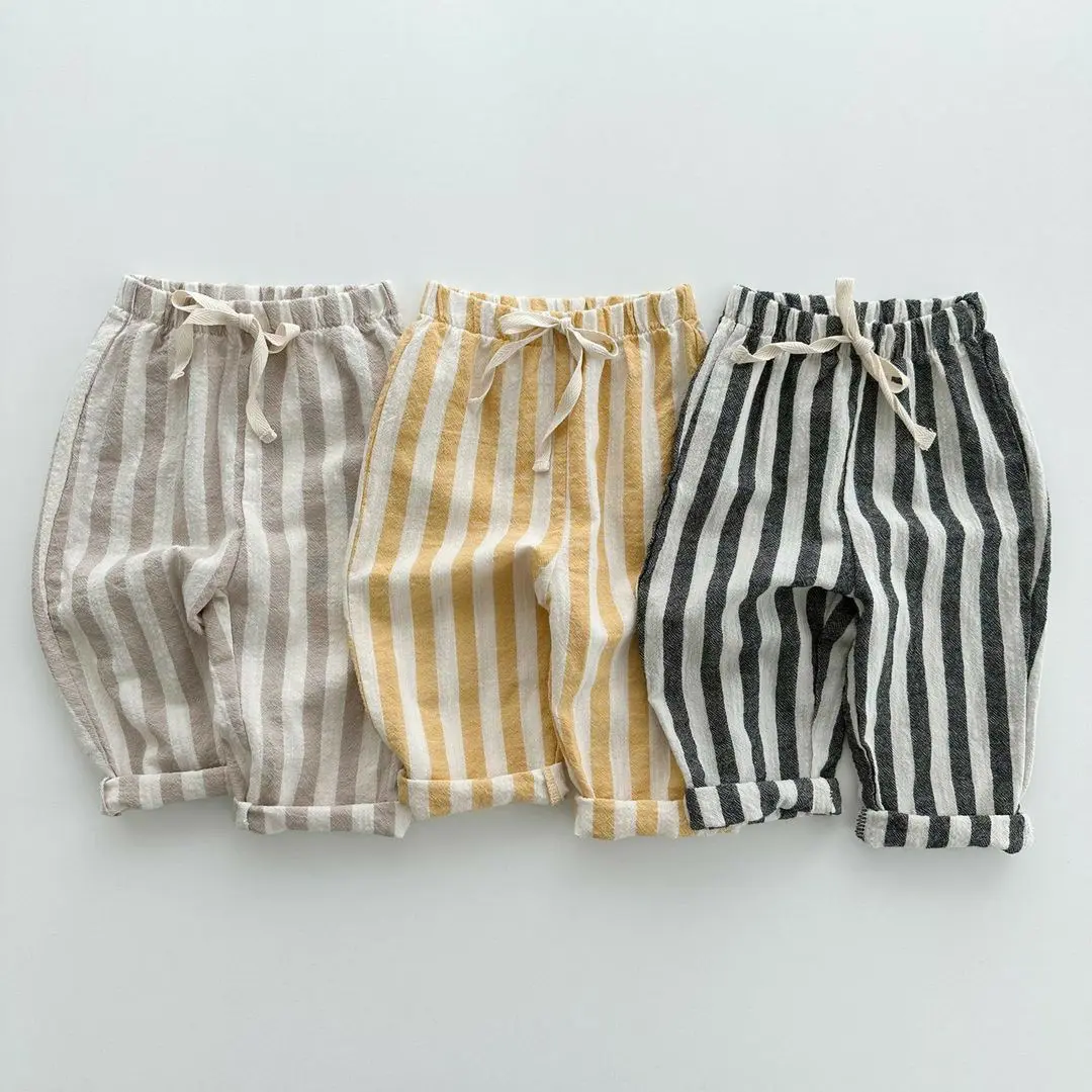 Pantalones para niños y niñas, novedad de 2024, pantalones largos holgados a rayas informales de algodón para niños, ropa de verano para bebés