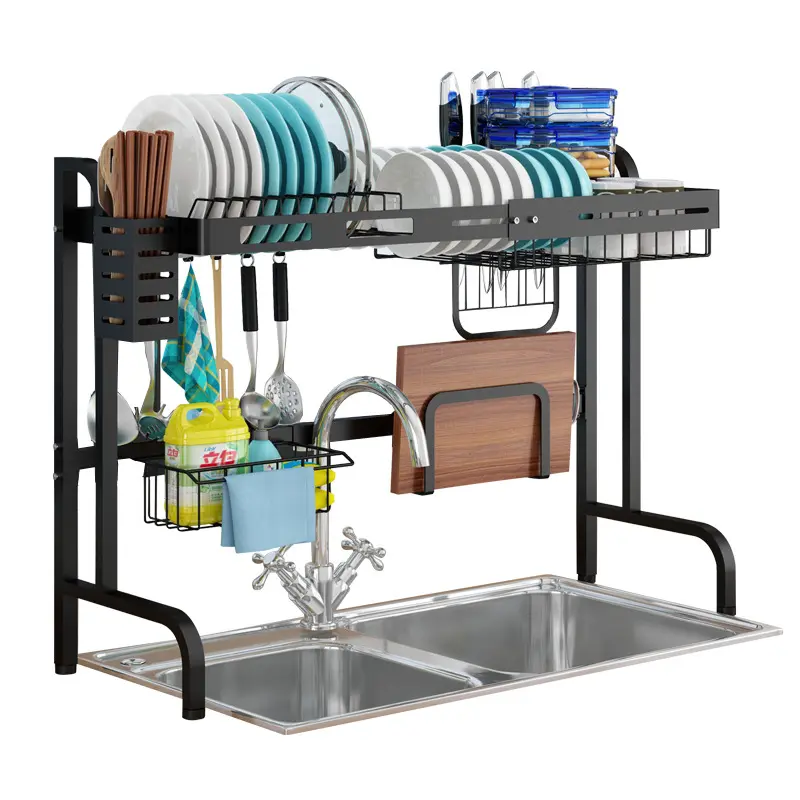 Prateleira de cozinha de aço inoxidável, organizador sobre a pia, prateleira de secagem de prato, suporte de armazenamento de drenagem, tigela, copo, escorredor, pratos