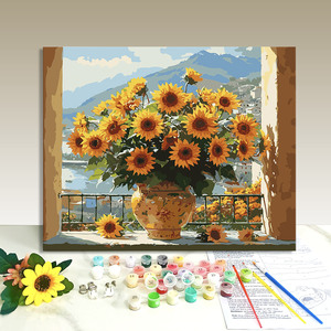 Peinture à l'huile par numéros DIY Tournesols sur le rebord de la fenêtre, Peinture à l'huile sur toile à colorier, Dessin, Œuvre d'art murale pour la maison - Product Image 1