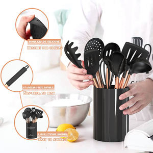 Ustensiles de cuisine, outils de cuisine, ensemble d'ustensiles de cuisine en silicone noir avec manche en acier inoxydable rose gold - Product Image 2