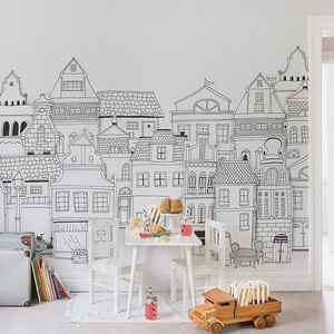 Papier peint mural personnalisé style Art déco noir et blanc, motif ville européenne, <span class=keywords><strong>maison</strong></span> de rue - Product Image 3