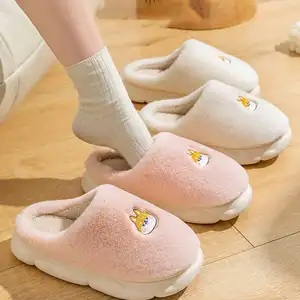 Women's winter slippers indoor, cute plush lining warm thick bottom cartoon embroidery bedroom women's cotton slippers