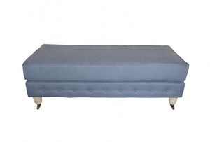 HL288 Nordic Rectangle French Style Solid Oak Fabric Covered Wooden Stool <strong>Caster</strong> <strong>Ottoman</strong> Bench Seat Chair Sofa Bed - Product Image 4