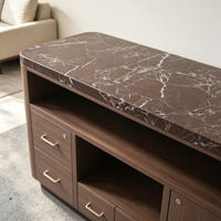 Comptoir de réception moderne de luxe personnalisé avec dessus en marbre naturel, meuble de rangement en bois pour salon, buffet de rangement, bureau d'accueil