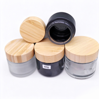 Flacon crème en verre ambré givré écologique de 8 oz avec base transparente et couvercle en bambou de 50 g pour beurre corporel cosmétique