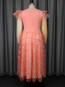 AM050509 Abito da Sera da <span class=keywords><strong>Donna</strong></span> Taglie Forti Rosa con Scollo a V, Maniche Corte, Applicazioni a <span class=keywords><strong>Farfalla</strong></span> e Cintura, Modello a Trapezio - Product Image 6