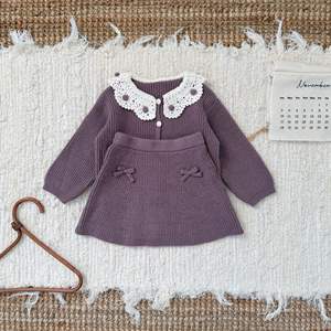 Herbst Winter Mädchen Baby Anzug Handgehäkelter Kragen Langarm Blumenmuster Strickjacke mit Knöpfen + Schleifenrock Zweiteiliges Set - Product Image 1