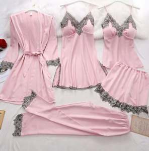 Sfy1914 Wholesale 5 Pieces Women's Lace Silk <b>Robe</b>+Top+Dress+Shorts+Trousers Pajamas Set Breathable <b>Sheer</b> 3D Embroidery Nightgown - Product Image 1