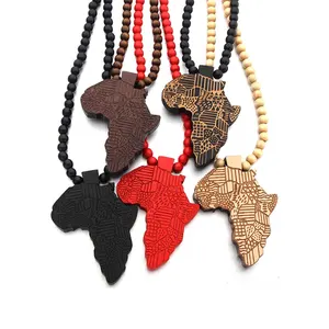 DDA1631 Custom Hip Hop Beaded Pendant Necklaces Jewelry Unisex Wooden Beads Rosary Necklace Handmade Wood African Map Necklace