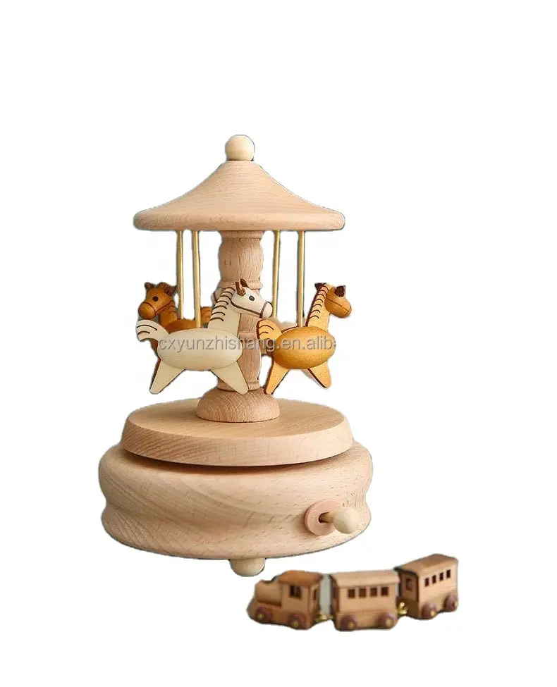 Hot sell cute handmade wooden decoration carousel horse music box for kids