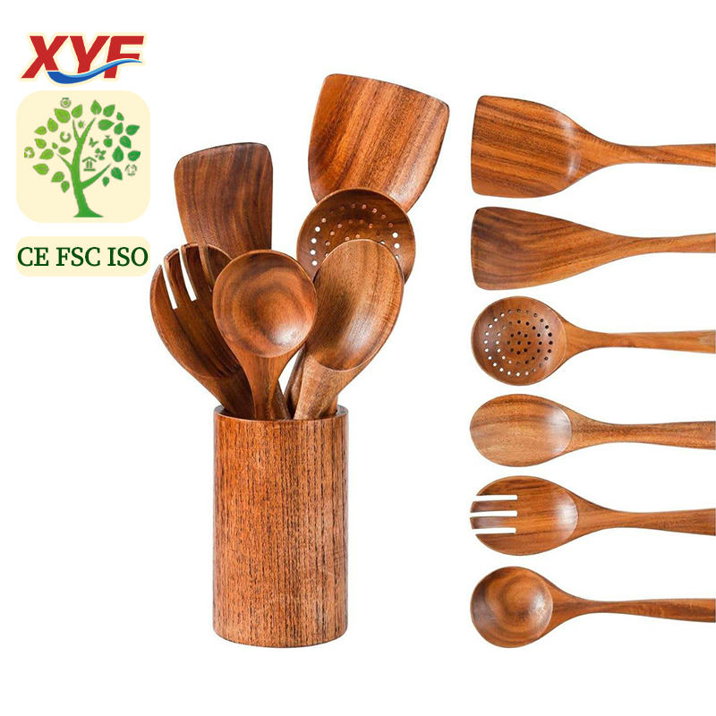 Acacia Wood Long-Handled Kitchen Utensils Set with Anti-Scalding Non-Stick Pan Spoon Fork Spatula Cooking Set