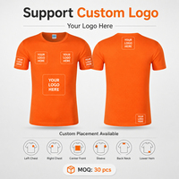 T-shirt orange uni prêt à expédier en gros, logo personnalisé, faible MOQ, respirant, en polyester, à manches courtes, pour hommes et femmes