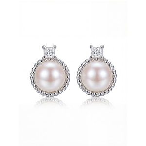 S925 <b>Silver</b> Twisted Rope Frame Pearl <b>Stud</b> Earrings Princess CZ Vintage Elegant Pearl Jewelry Gift for Women Girls - Product Image 1
