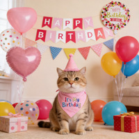 Ensemble de 15 pièces de décoration d'anniversaire pour animaux de compagnie, disponible en rose et bleu, bandana, chapeau, ballon, bannière pour fête d'anniversaire de chien ou de chat