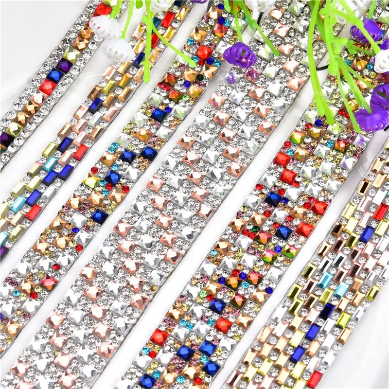 Strass Trim Mix Diamante Mesh Chain Hot Fix Crystal Tape Banding Iron on Strass Ribbon Strip per scarpe vestiti borse matrimonio