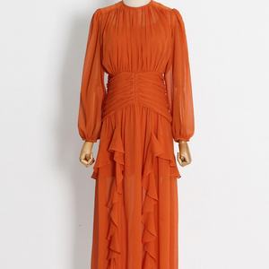 Vestido de Chifón de Moda con Manga Larga, Cintura Alta, Volantes y Manga Farol, Liso, Midi, para Mujer, Venta al por Mayor Personalizada - Product Image 2