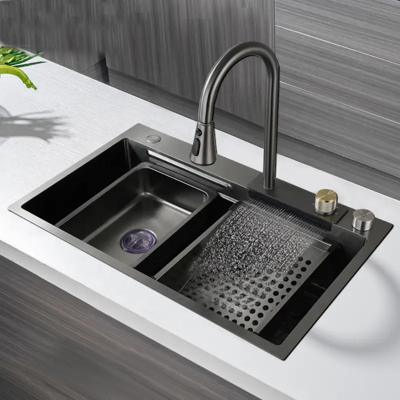 Multi-function Large Handmade SUS304 Stainless Steel High and Low Step Waterfall Kitchen Sink With Cup Rinser