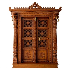 Porte double en bois de style temple d'Inde du Sud pour Mandir domestique, porte d'entrée de Pooja en teck sculptée à la main sur mesure, porte de salle de Pooja (Royaume-Uni) - Product Image 6