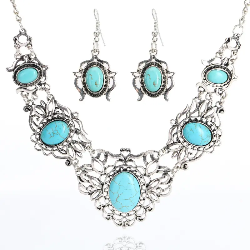 Pirus Batu Perhiasan Set Vintage Kalung Kalung dan Anting Set Perhiasan Elegan NS185