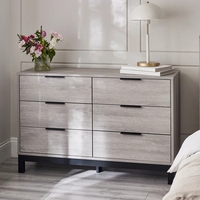Commode moderne minimaliste gris clair texturé à 6 tiroirs avec glissières à roulettes en acier inoxydable, écologique et durable pour chambre et salon