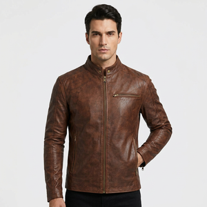 Chaqueta de Cuero Genuino Marrón Vintage Transpirable para Hombre, Estilo Motero con Cuello Mandarín y Cremallera, Fabricación OEM - Product Image 1