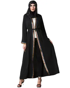 Новейший дизайн кафтан, Открытое Спереди Платье, черное вышитое мусульманское платье, скромный хиджаб, абайя, кимоно