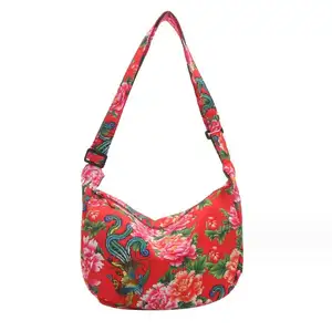 Fashionable Women Northeast Big Flower Lightweight Crossbody Bag Retro Traditional National Style Shoulder Bag