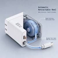 Chargeur rapide GaN 65W avec câble rétractable intégré, adaptateur secteur double port pour téléphone portable et ordinateur