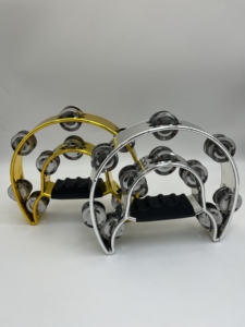 Tambourin demi-lune double rangée plaqué or et argent avec grelots métalliques pour KTV, fête ou Orff - Product Image 1