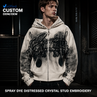 Sweat à capuche zippé intégral en molleton de coton 500 GSM personnalisé, avec motifs airbrush, strass et clous, effet vieilli, coupe oversize, couleur crème, pour homme, style gothique urbain