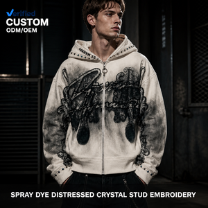 Custom 500GSM Cotton Fleece Airbrush Scroll Rhinestone Stud <strong>Full</strong> Zip Distressed Oversized Cream Hoodie for Men Gothic Street - Product Image 1