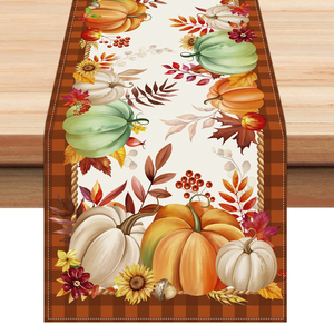 Runner da Tavola Autunnale con Zucche Arancioni 13x72 Pollici 13x90 Pollici, Decorazione per Tavolo da <span class=keywords><strong>Cucina</strong></span> con Foglie d'Acero e Fiori per il Ringraziamento - Product Image 1