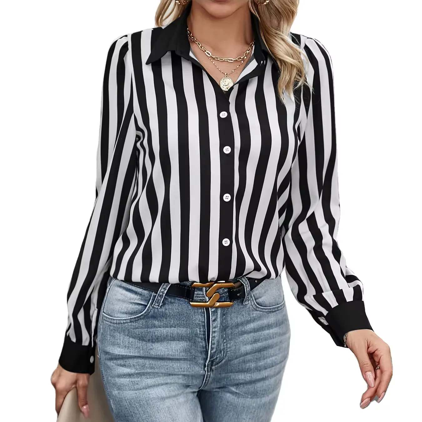 2024 New Turn-Down Black White Striped Plaid Pattern Spring Summer Collection Europe United States Women's Casual Loose Blouse