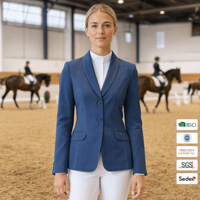 Chaqueta de equitación azul para mujer con cuello chal, doble botonadura y costura princesa, blazer de equitación, OEM, personalizado, venta al por mayor