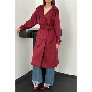 Abrigo de Gabardina de Gamuza Borgoña para Mujer al por Mayor, Mangas Raglán, Abrigo Largo Informal de Invierno, Impermeable, con Estampado Otoñal de Algodón - Product Image 2