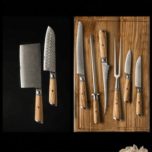 Ensemble de couteaux de cuisine haut de gamme 7 pièces en acier carbone, fabriqués à la main, durables, avec manche en bois martelé - Product Image 3