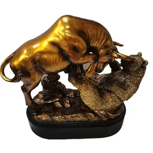 Wall Street Stock Market Charging Bull Trouncing Bear Statue with Pedestal Base